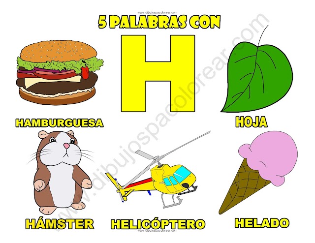 Cinco Palabras con la letra H dibujo a color y para colorear